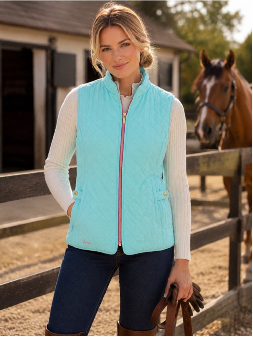 Joules Vest Womenâs 12 Aqua Quilted Padded Full Zip Western Country Equestrian